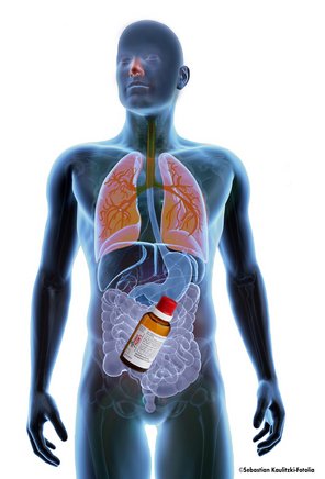 Gläserner Mensch mit markierter Lunge, Nase und Darm; vor dem Darm ein Symbioflor-1-Fläschchen